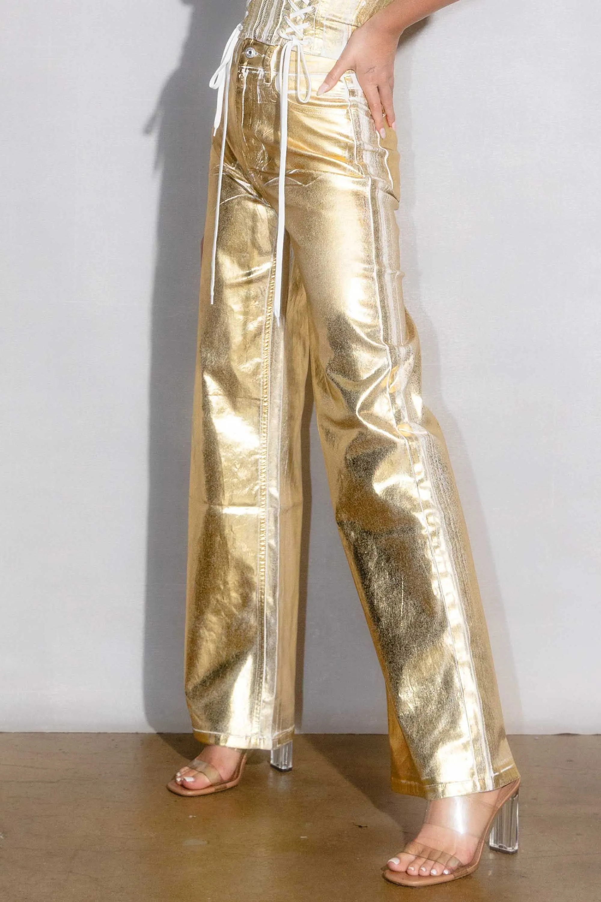 Metallic Foil Wide Leg Pants