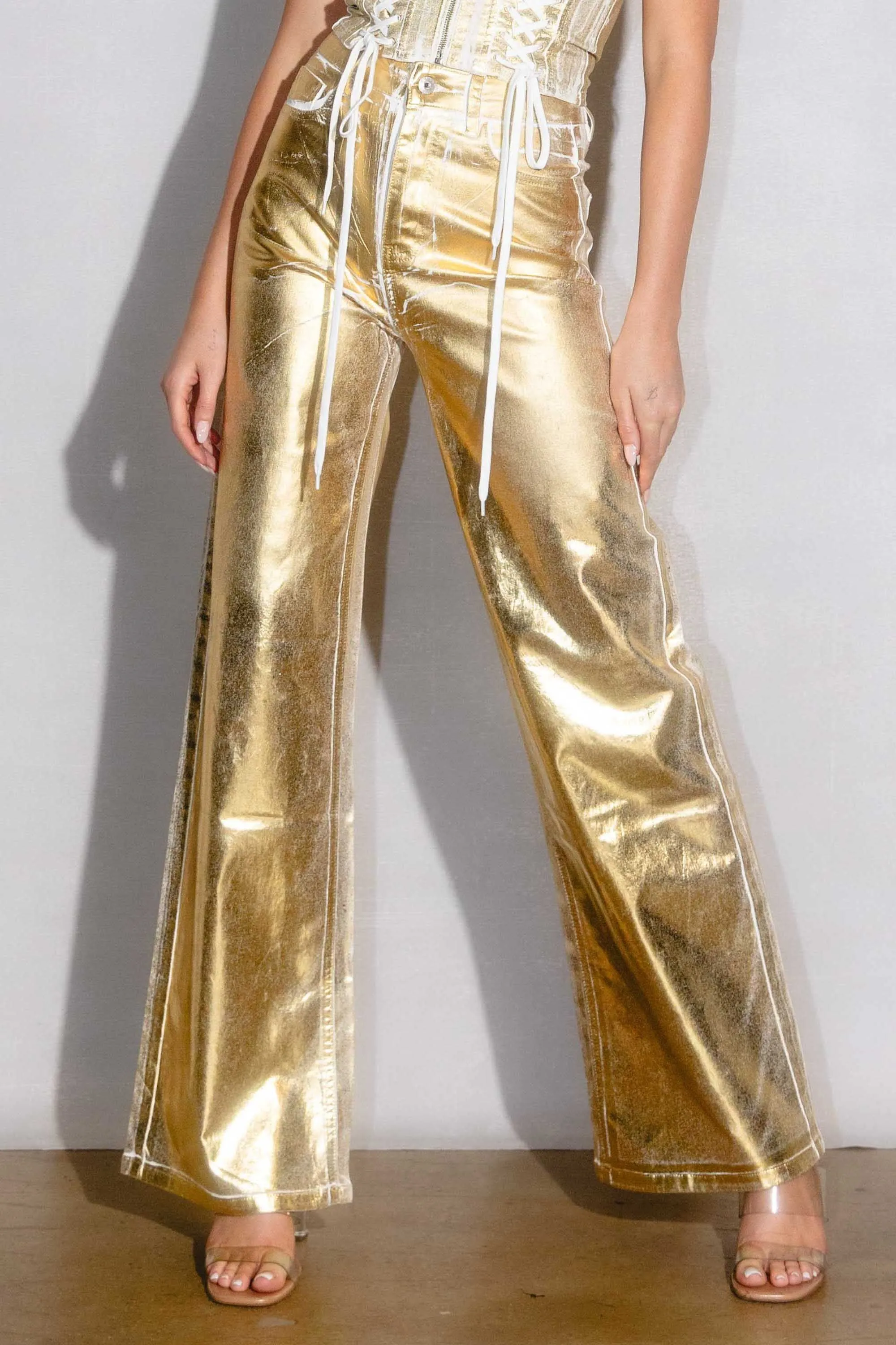 Metallic Foil Wide Leg Pants