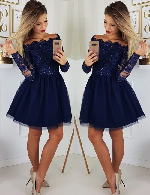 Navy A-line Long Sleeves Off-the-Shoulder Homecoming Dresses with Appliques, SH497