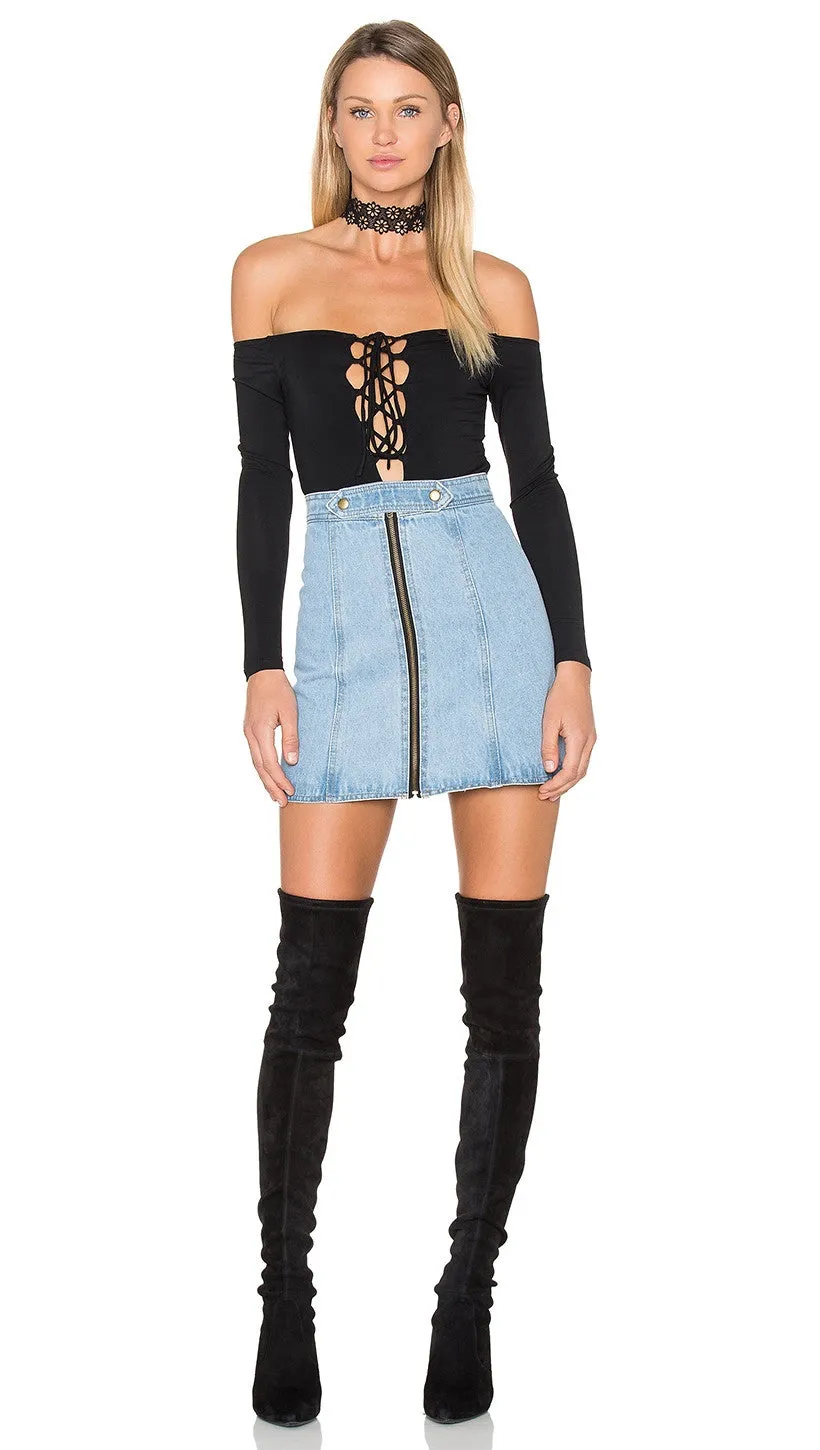 NBD Kendall Bodysuit in Black Plunge Lace Up Neckline