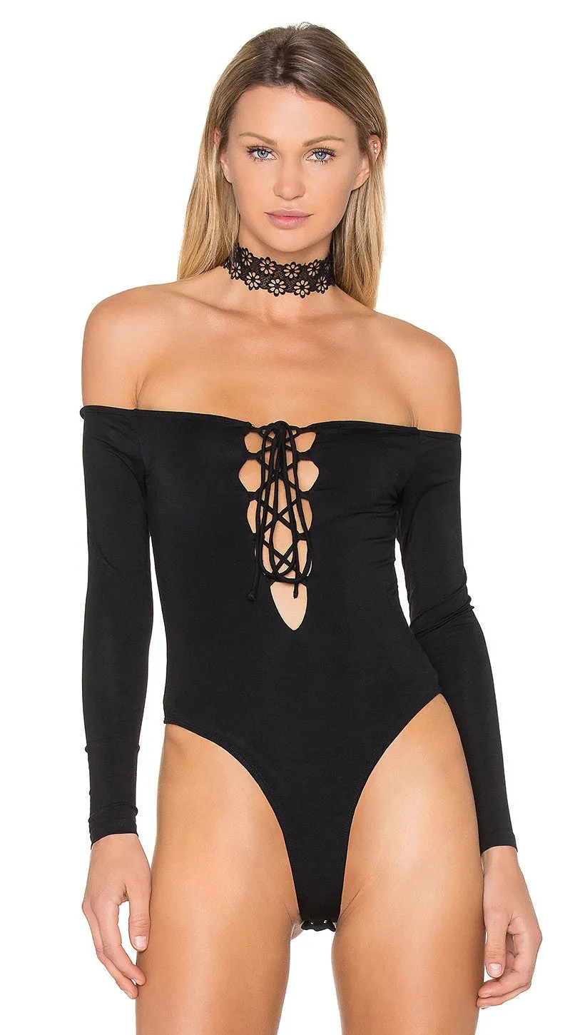 NBD Kendall Bodysuit in Black Plunge Lace Up Neckline