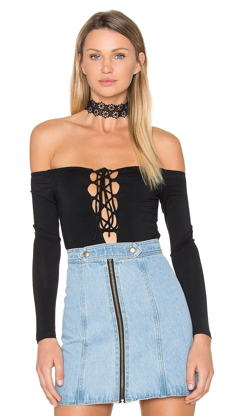 NBD Kendall Bodysuit in Black Plunge Lace Up Neckline