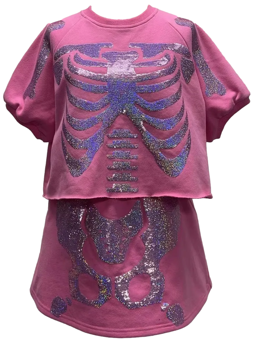 Pink Sequin Skeleton Short Sleeve Top- Women's