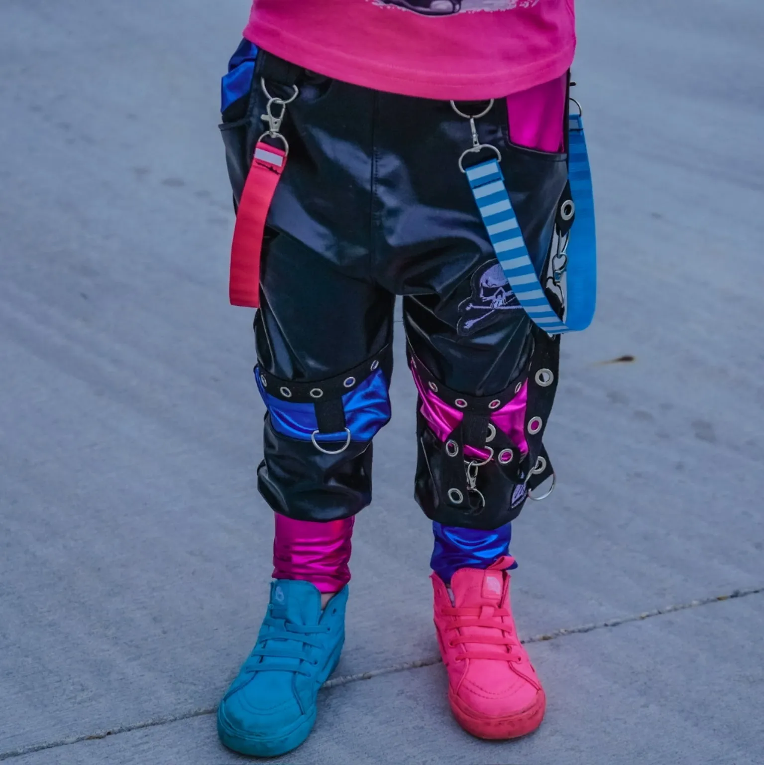 Punk Pleather Pants Pockets  Kids Unisex Boys Girls Black Hot Pink Turquoise