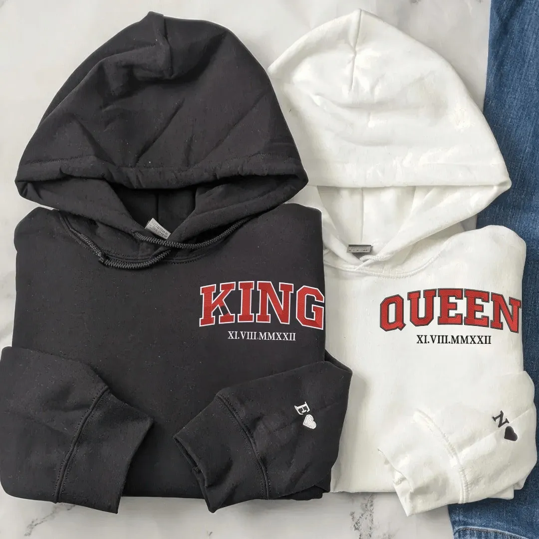 "King & Queen" Roman Numeral Matching Hoodies - Custom Embroidered Matching Hoodies For Couples