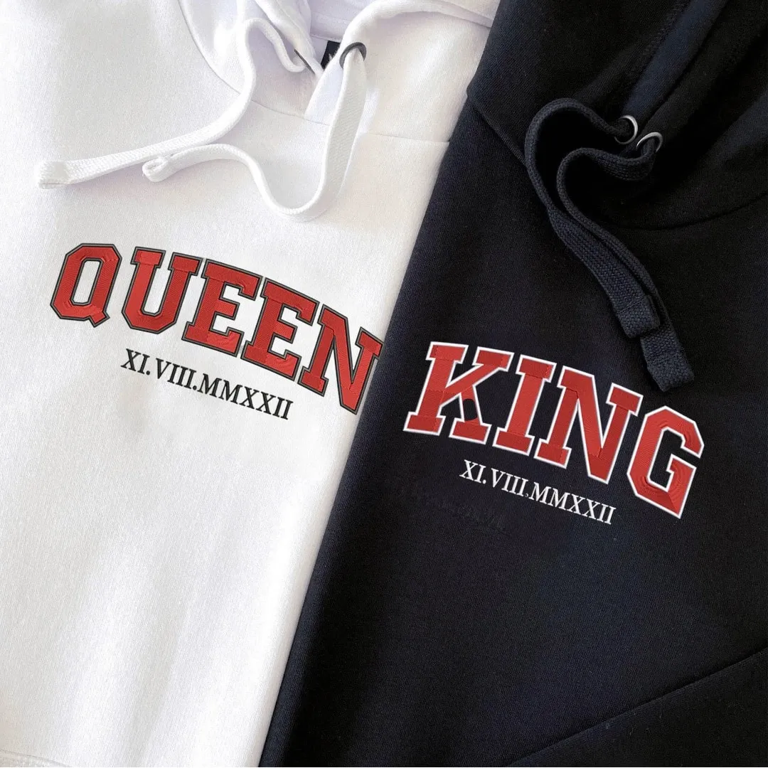 "King & Queen" Roman Numeral Matching Hoodies - Custom Embroidered Matching Hoodies For Couples