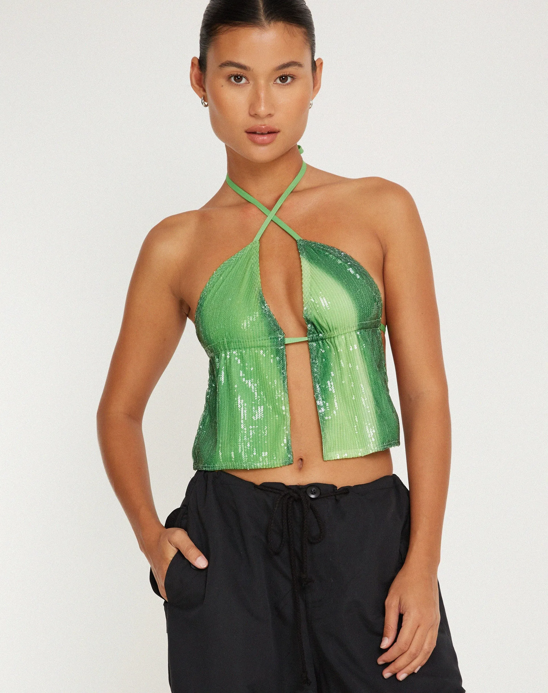 Runita Halter Top in Sequin Solarized Green