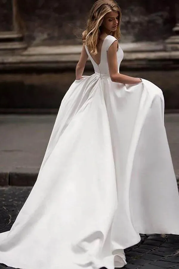 Satin A-line Vintage Simple Wedding Dresses With Pockets, Bridal Gown, SW558