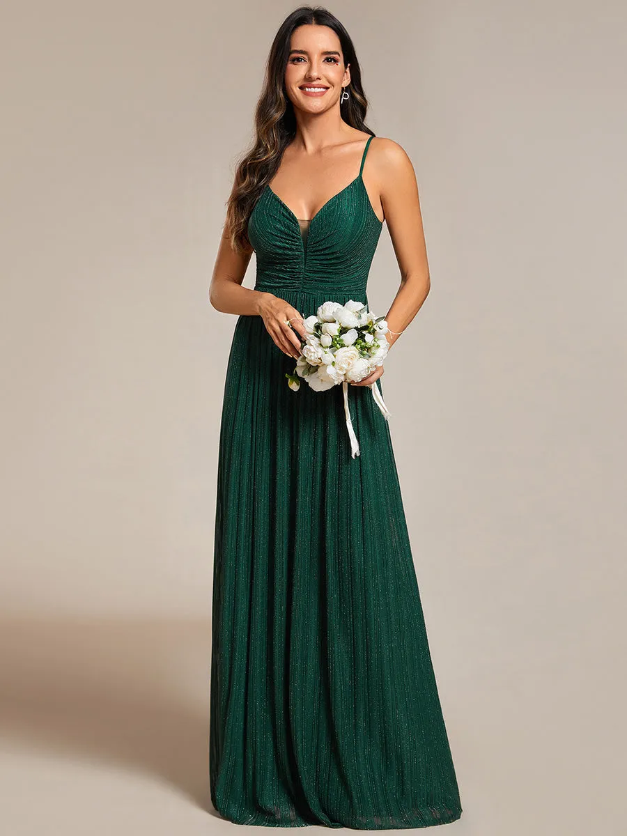 Shimmer V Neck Floor Length Bridesmaid Dress With Spaghetti Straps