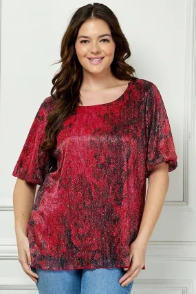 Short Puff Sleeve Scoop Neck Bubble Blouse- Blk/Burgundy/Red- Plus