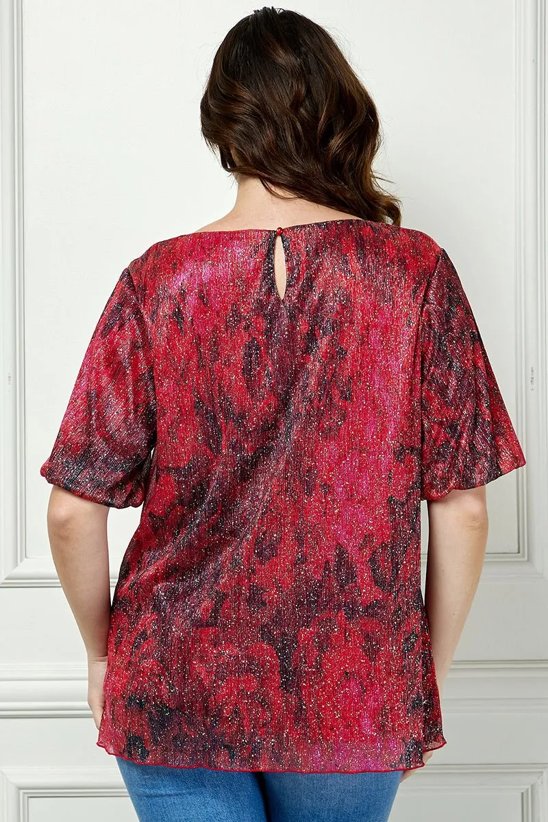 Short Puff Sleeve Scoop Neck Bubble Blouse- Blk/Burgundy/Red- Plus