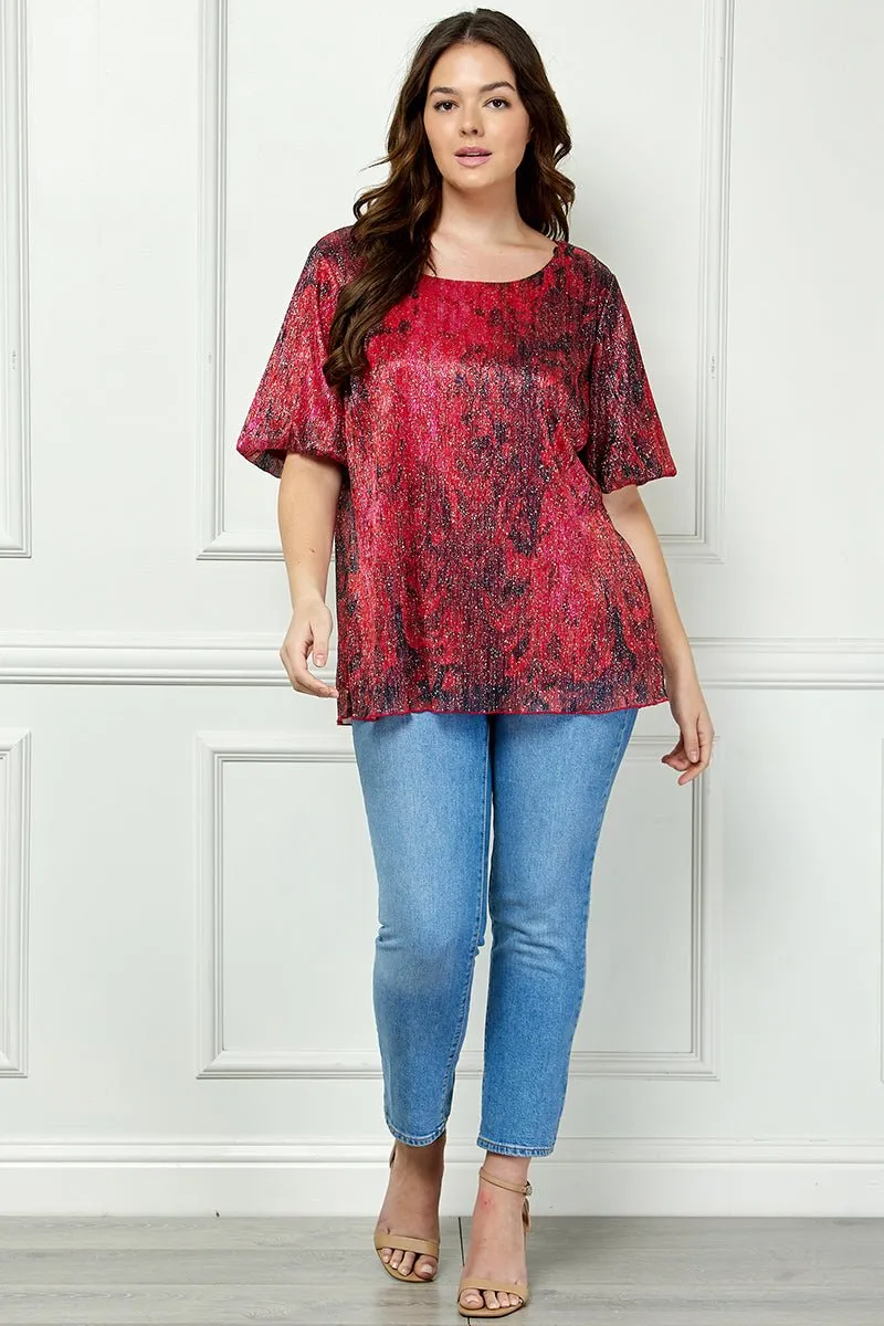 Short Puff Sleeve Scoop Neck Bubble Blouse- Blk/Burgundy/Red- Plus