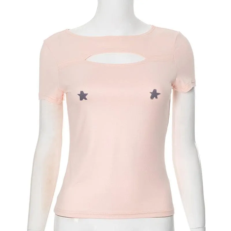 Short sleeve crewneck star print hollow out cut out top