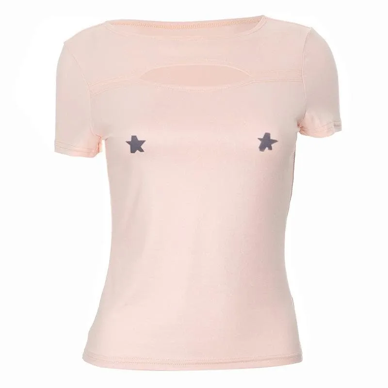 Short sleeve crewneck star print hollow out cut out top