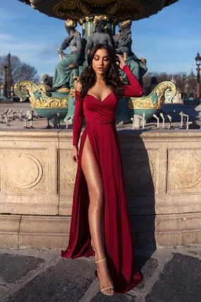 Simple Burgundy A-line Long Sleeves Prom Dresses, Long Formal Dresses, SP822