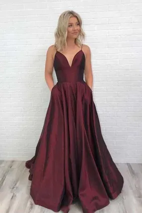 Simple Burgundy Satin A-line Spaghetti Straps V Neck Prom Dress With Train, SP619