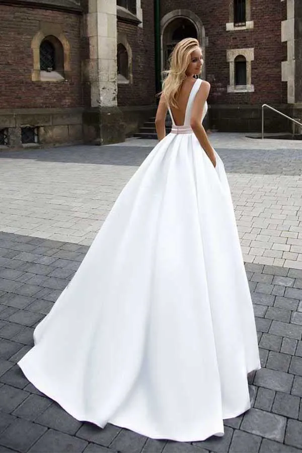 Simple Ivory Satin A-line Square Neck Wedding Dress, Cheap Bridal Gown, SW515