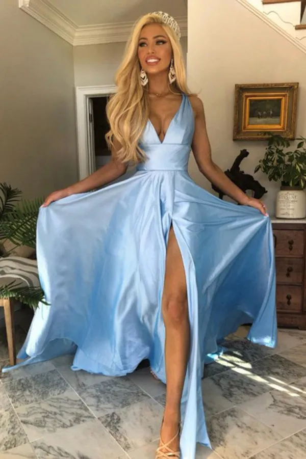 Simple Light Blue Satin A-line  Open Back V-neck Long Prom Dresses With Split, SP597