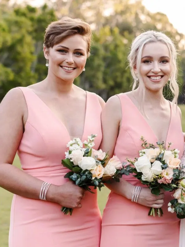 Simple Pink Satin Mermaid V-neck Bridesmaid Dresses With Sweep Train, BD119