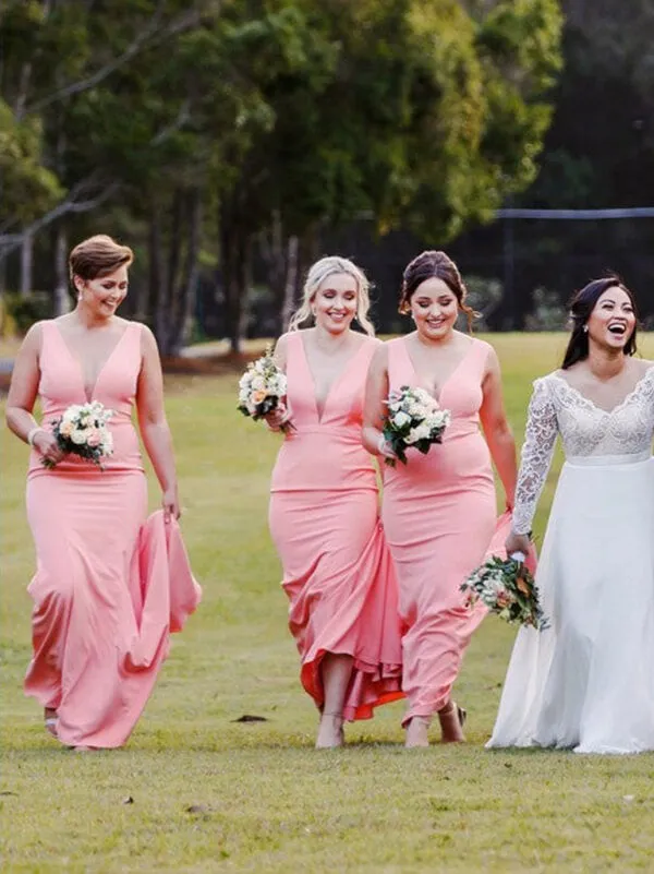 Simple Pink Satin Mermaid V-neck Bridesmaid Dresses With Sweep Train, BD119