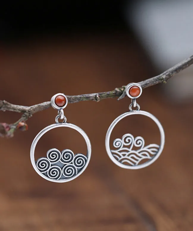 Simple Red Silver Inlaid Agate Hoop Earrings