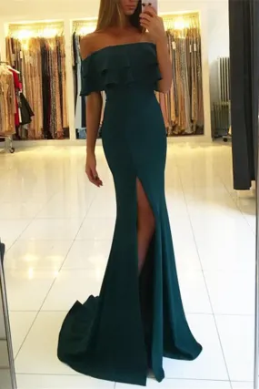 Simple Teal Mermaid Off-the-shoulder Long Prom Dresses with Side Slit, SP400