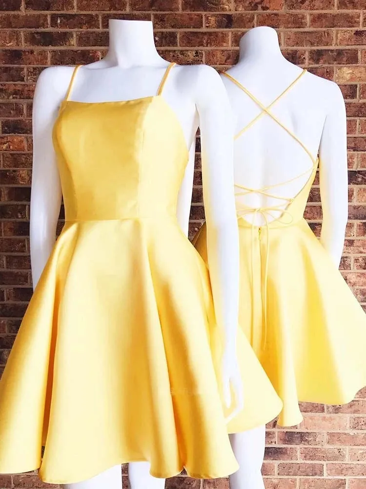 Simple Yellow A-line Cross Back Short Homecoming Dress With Pockets, SH531