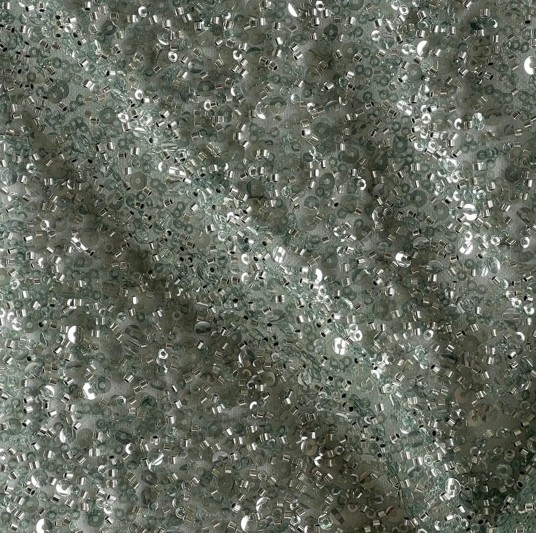 Sparkling Dense Aqua Mint Sequins & Bugle Beads on Mesh (Made in Korea)