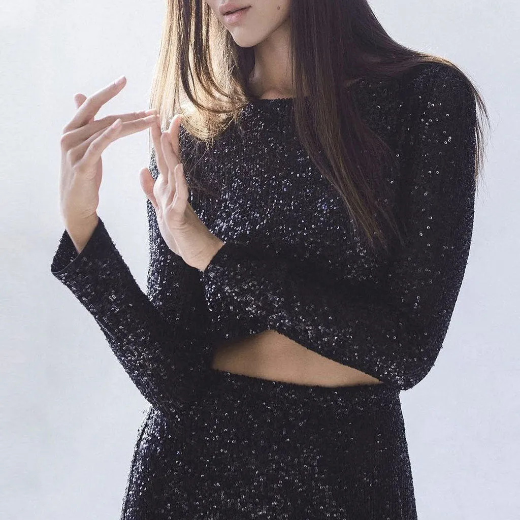 Sparkly Metallic Effect Crew Neck Long Sleeve Semi Sheer Sequin Crop Top