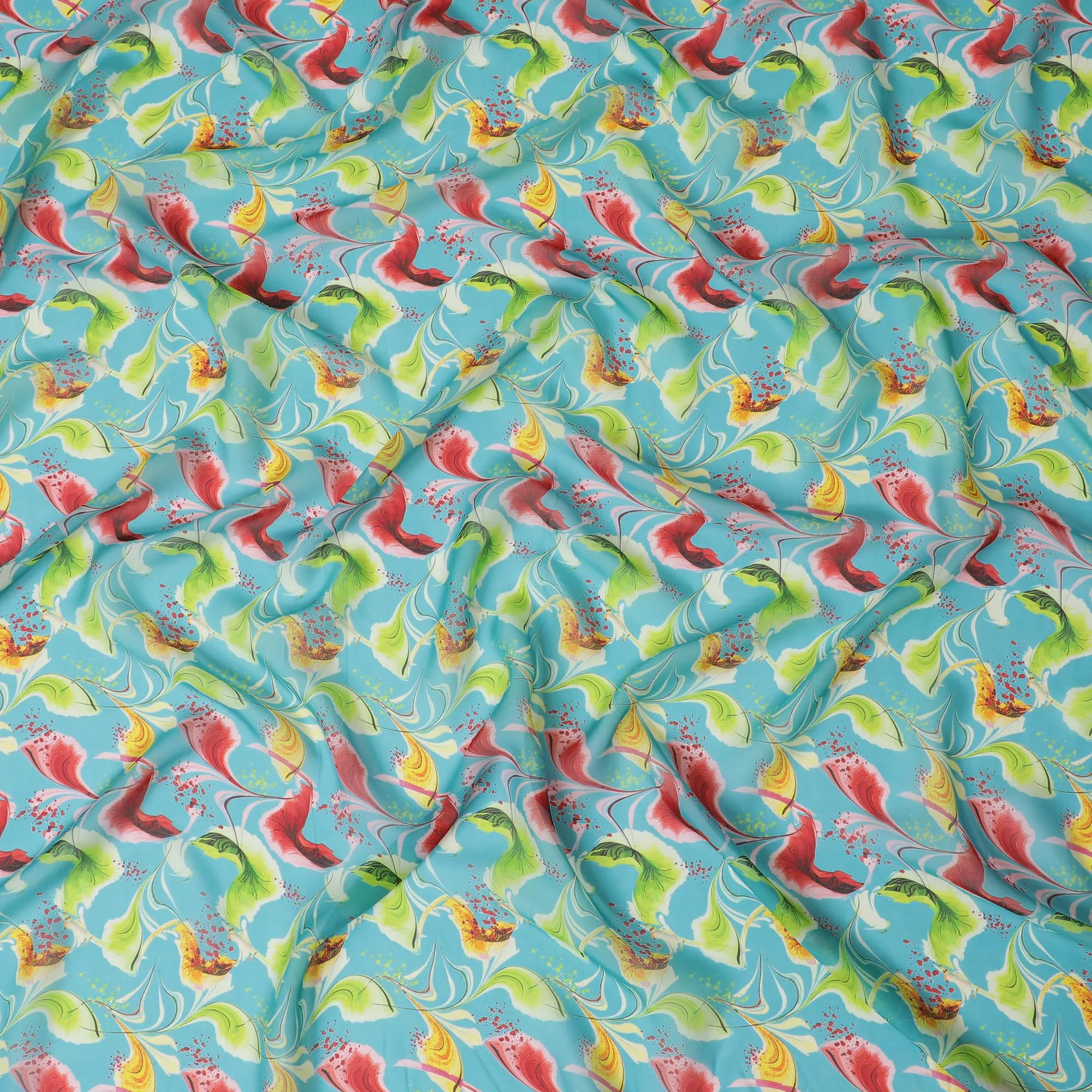 Turquoise Synthetic Chiffon Fabric with Exotic Bird and Floral Print, 140 cm Wide-D19124