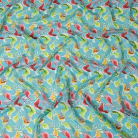 Turquoise Synthetic Chiffon Fabric with Exotic Bird and Floral Print, 140 cm Wide-D19124