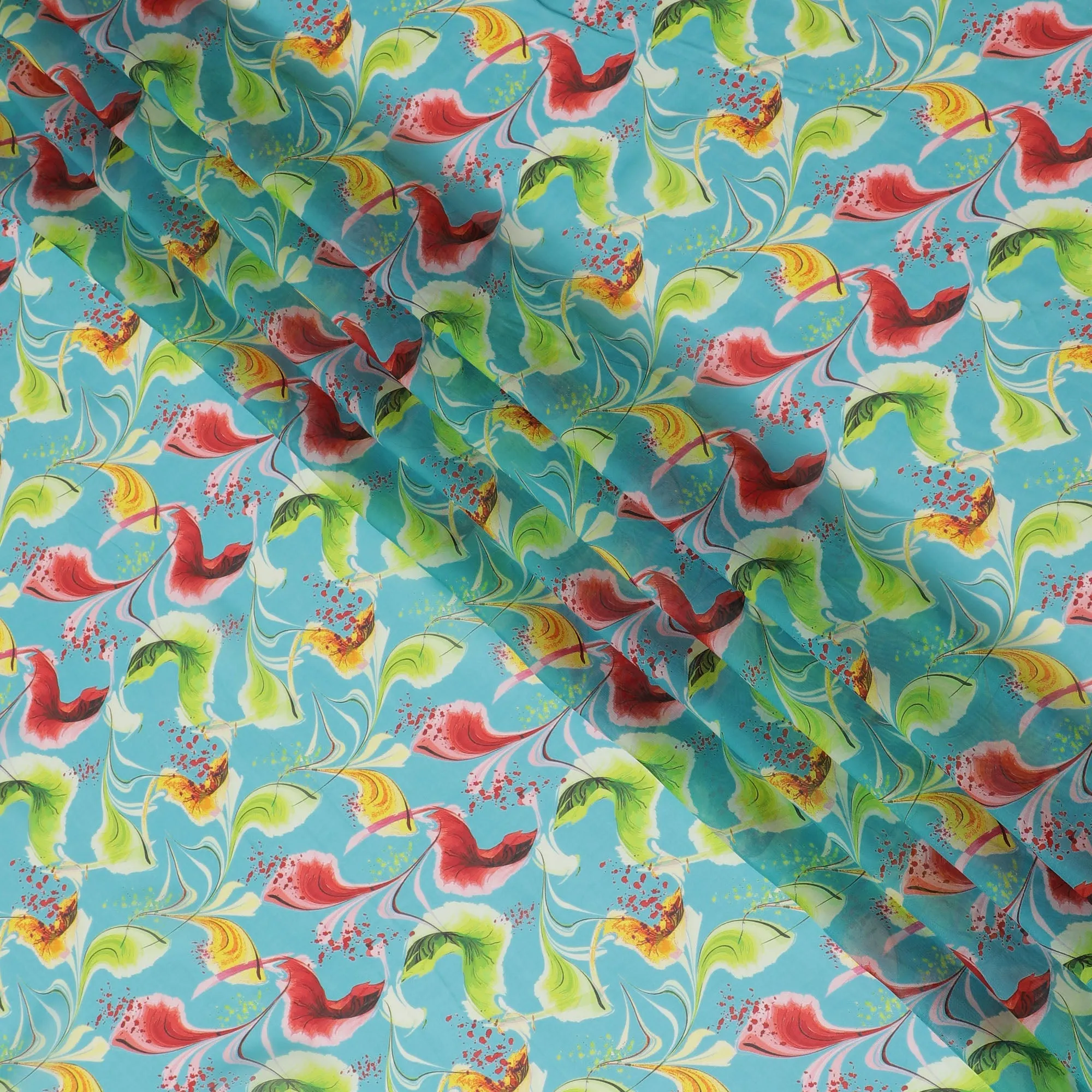 Turquoise Synthetic Chiffon Fabric with Exotic Bird and Floral Print, 140 cm Wide-D19124