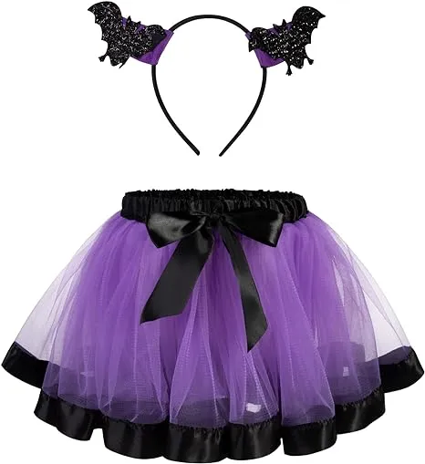 Tutu/Ballet Skirt - 2 pcs - skirt & headband - Purple/Black Bat Ears (5-8 Y)