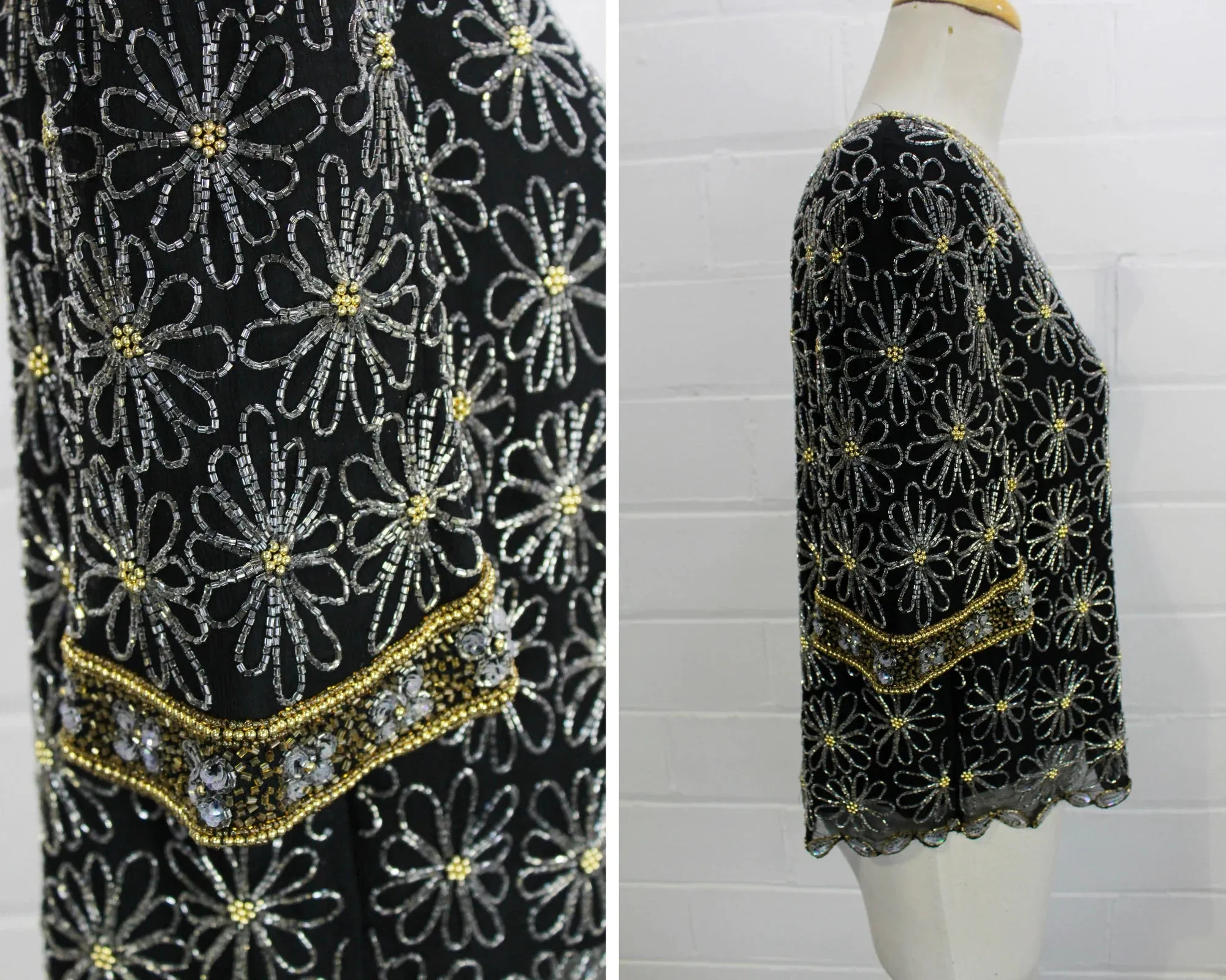 Vintage 1980s Floral Daisy Beaded Black Silk Top, Medium