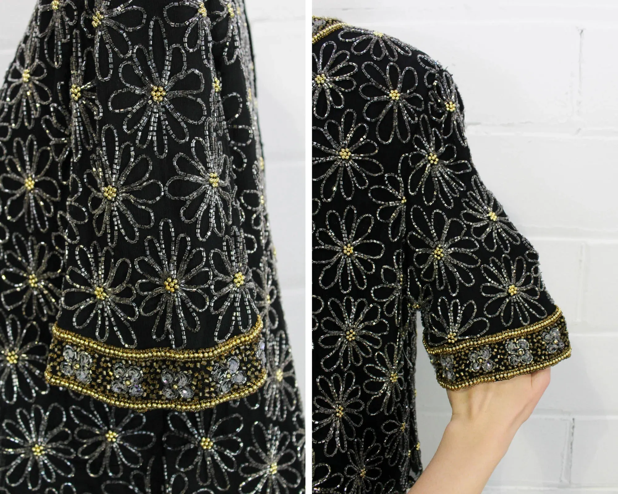 Vintage 1980s Floral Daisy Beaded Black Silk Top, Medium