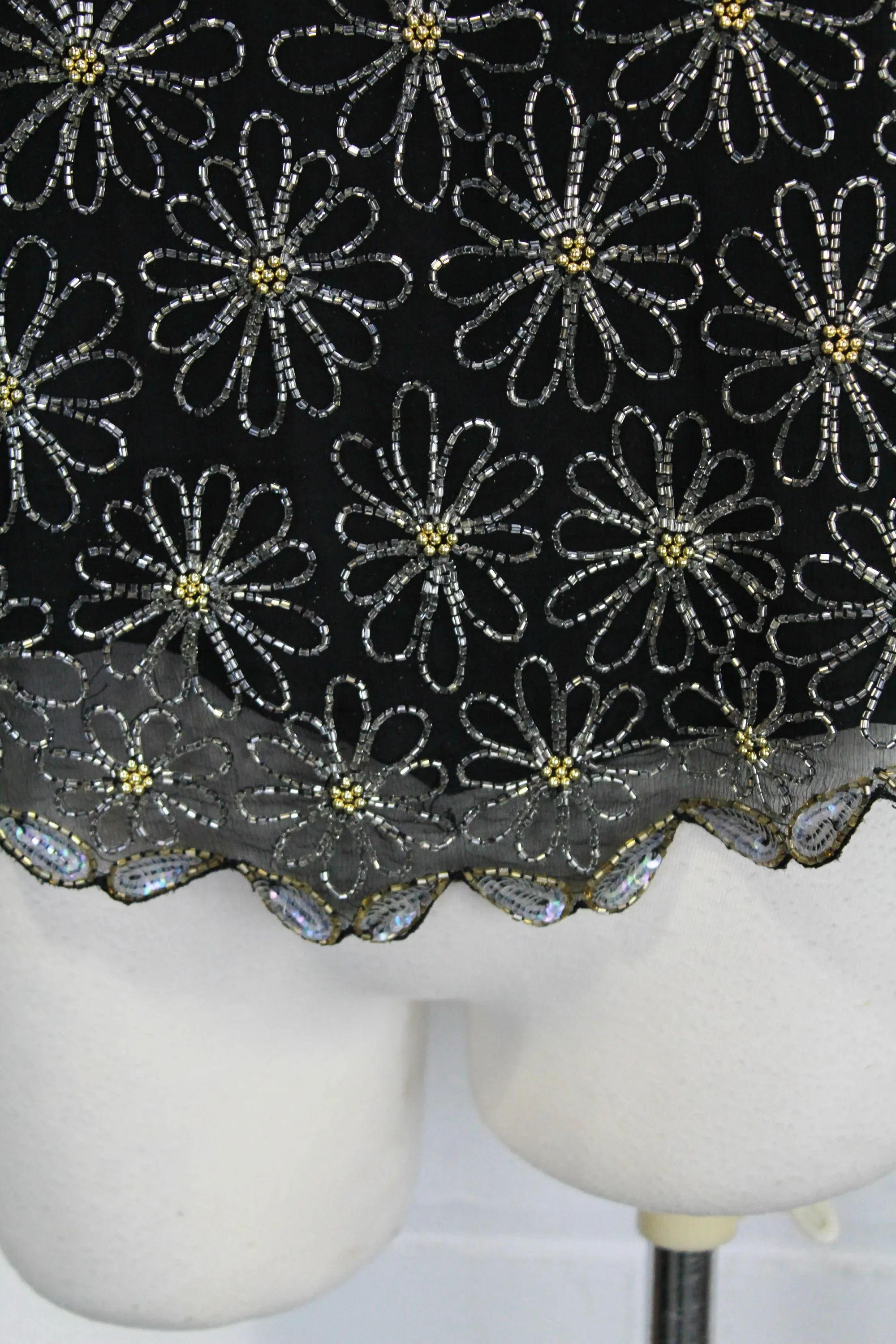 Vintage 1980s Floral Daisy Beaded Black Silk Top, Medium