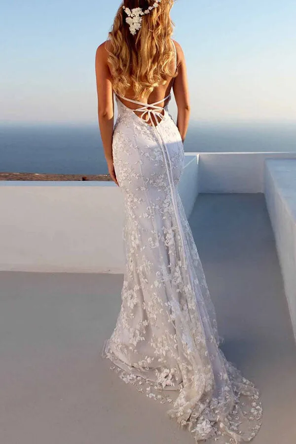 White Mermaid Spaghetti Straps V-neck Prom Dress, Lace Wedding Dresses, SP899