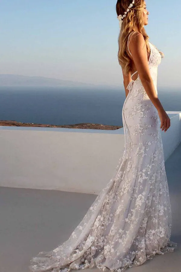 White Mermaid Spaghetti Straps V-neck Prom Dress, Lace Wedding Dresses, SP899