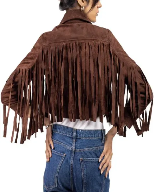 Women's Brown Lambskin Suede Leather Jacket with Fringe Detailing