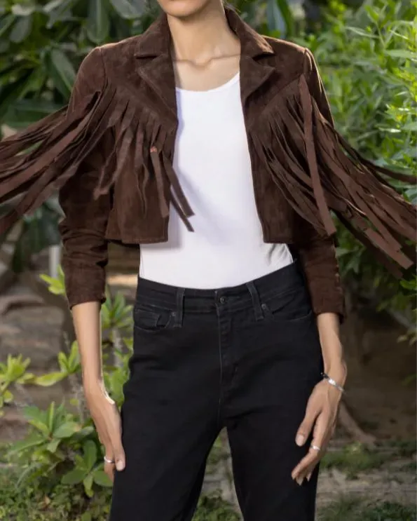 Women's Brown Lambskin Suede Leather Jacket with Fringe Detailing