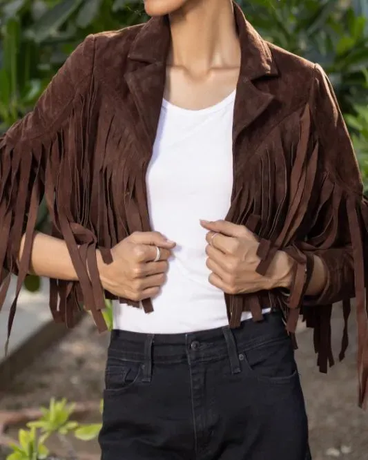 Women's Brown Lambskin Suede Leather Jacket with Fringe Detailing