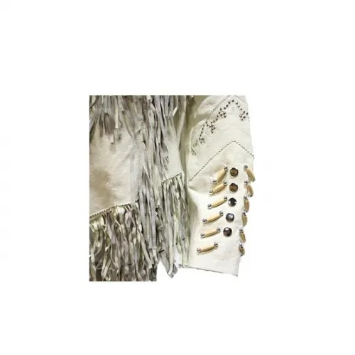 Women''s Off White Leather Jacket With Beads, Studs, Bone & Fringe With Snaps, LJ267-DL