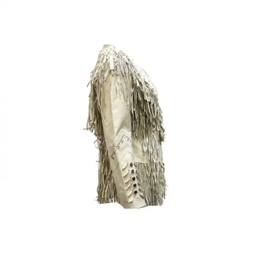 Women''s Off White Leather Jacket With Beads, Studs, Bone & Fringe With Snaps, LJ267-DL