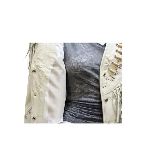 Women''s Off White Leather Jacket With Beads, Studs, Bone & Fringe With Snaps, LJ267-DL