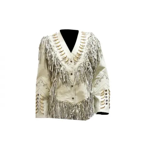 Women''s Off White Leather Jacket With Beads, Studs, Bone & Fringe With Snaps, LJ267-DL