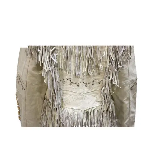 Women''s Off White Leather Jacket With Beads, Studs, Bone & Fringe With Snaps, LJ267-DL