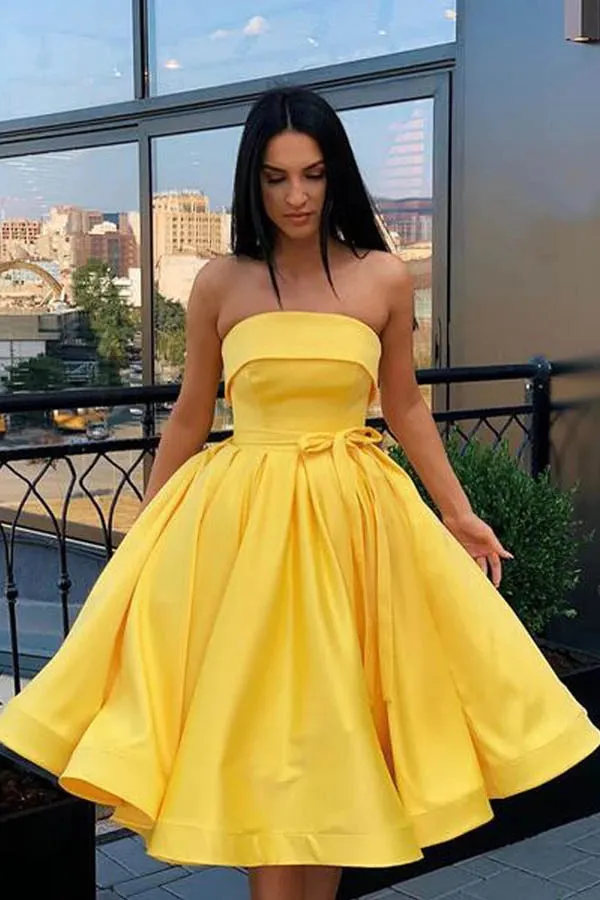 Yellow Satin A-line Strapless Short Homecoming Dress with Pockets, SH542